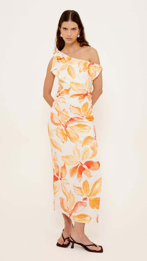 Orange & White Floral Asymmetric Midi Dress featuring a one-shoulder neckline and side split hem.