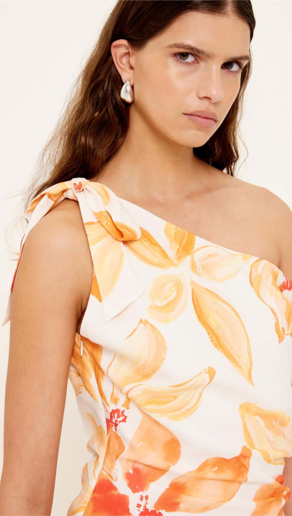 Orange & White Floral Asymmetric Midi Dress featuring a one-shoulder neckline and floral print detail.