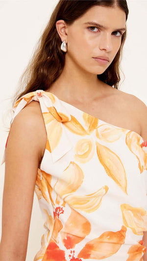Orange & White Floral Asymmetric Midi Dress featuring a one-shoulder neckline and floral print detail.