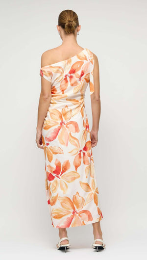 Back view of the stylish Orange & White Floral Asymmetric Midi Dress featuring a one-shoulder neckline and beautiful floral print.