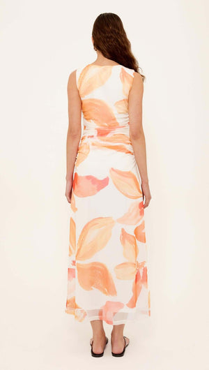 Back view of the Orange & White Floral Mesh Midi Dress showcasing its abstract floral design and flattering silhouette.