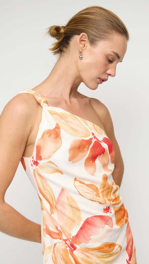 Orange & White Floral One Shoulder Mini Dress with lightweight fabric and sculpted silhouette featuring statement bow-tie shoulder.