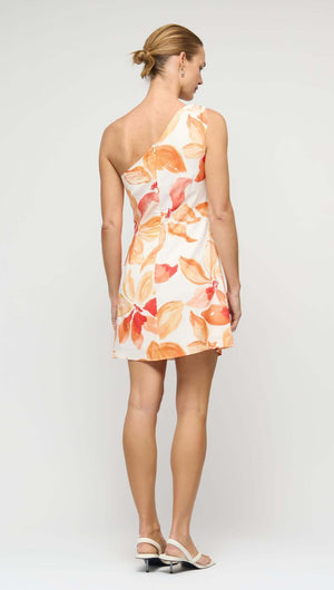 Back view of an Orange & White Floral One Shoulder Mini Dress with a stylish bow-tie shoulder design.