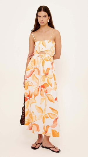 Orange & White Floral Shirred Midi Dress worn by a model showcasing its stylish design and vibrant colors.