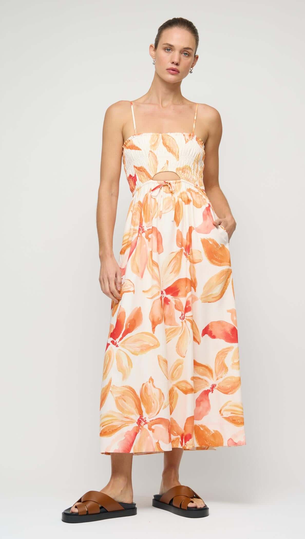 Orange & White Floral Shirred Midi Dress on a model showcasing summer style with floral patterns.