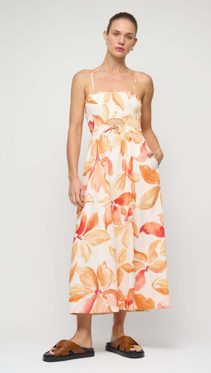 Orange & White Floral Shirred Midi Dress on a model showcasing summer style with floral patterns.