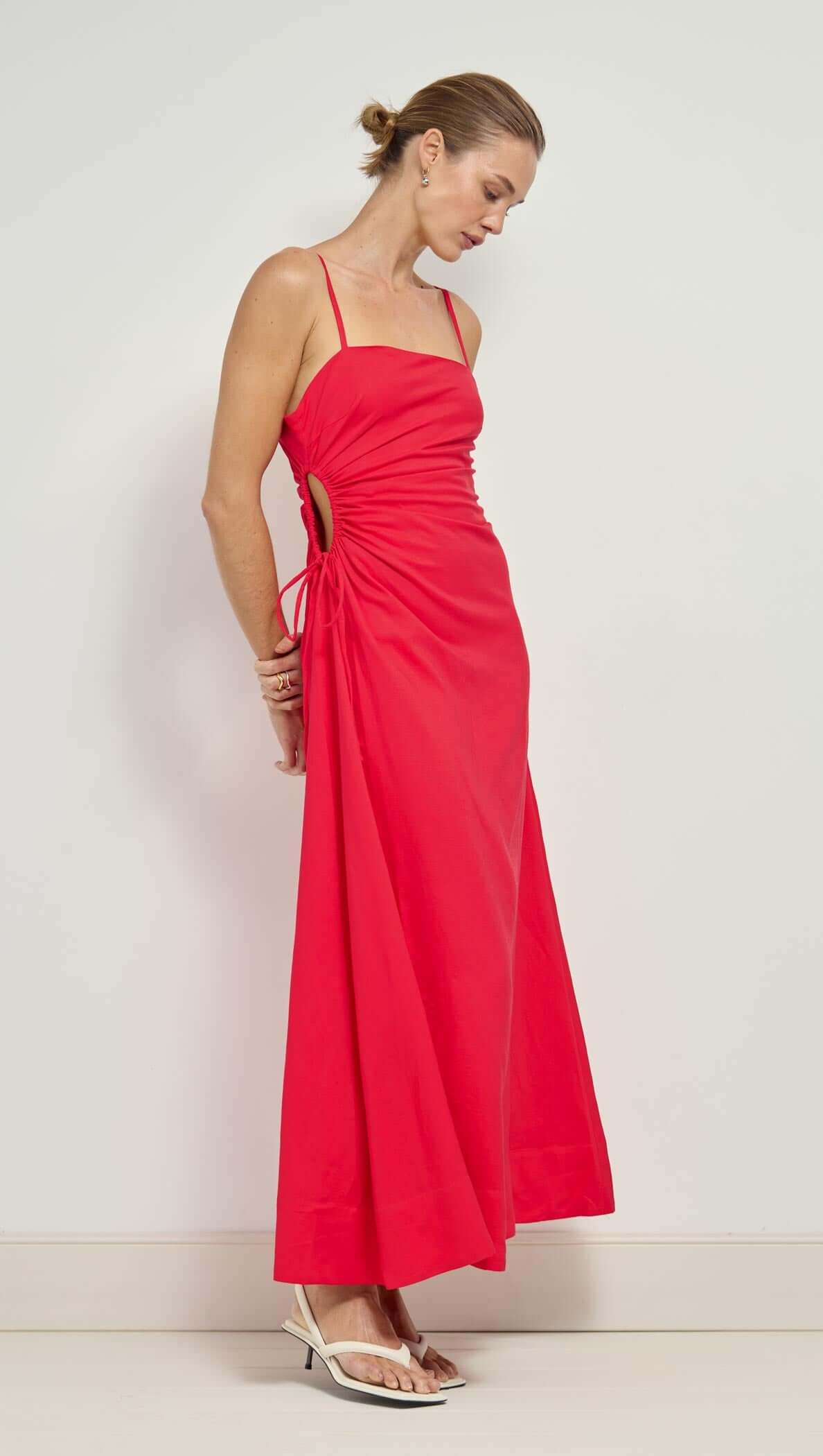 Red Linen Blend Cut-Out Maxi Dress featuring ruched side detail and sleek square neckline.