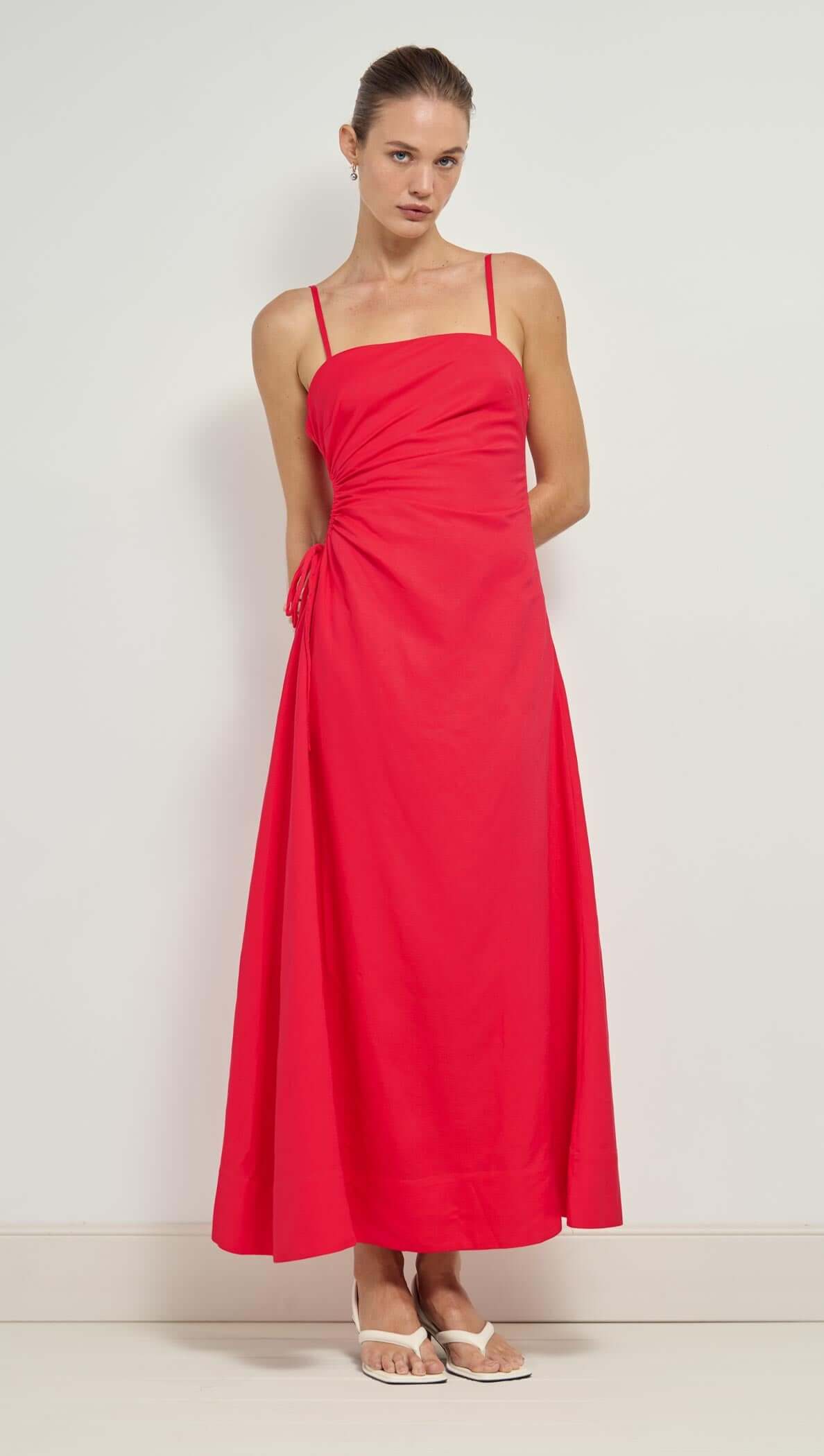 Red Linen Blend Cut-Out Maxi Dress featuring ruched side detail and sleek square neckline.