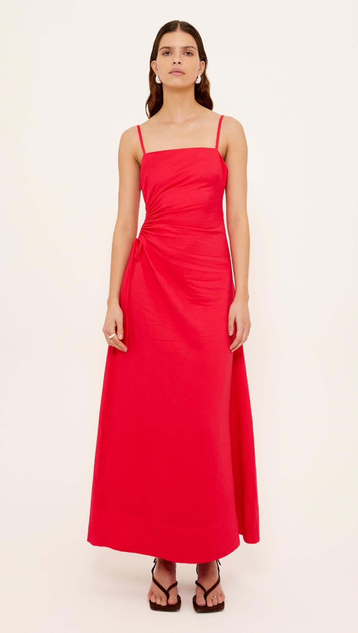 Red Linen Blend Cut-Out Maxi Dress featuring a square neckline and ruched side details.