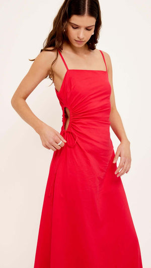 Red Linen Blend Cut-Out Maxi Dress showcasing ruched side detail and waist cut-out, perfect for modern events.