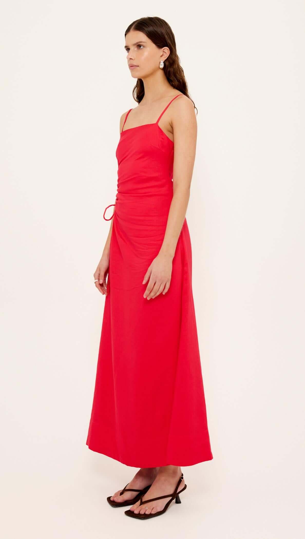 Red Linen Blend Cut-Out Maxi Dress worn by model, featuring a square neckline and ruched side detailing.