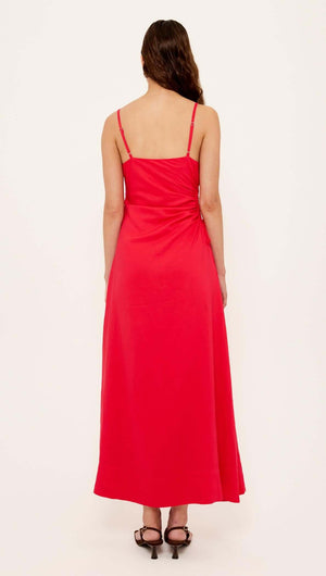 Back view of the Red Linen Blend Cut-Out Maxi Dress, showcasing its sleek design and ruched detailing.