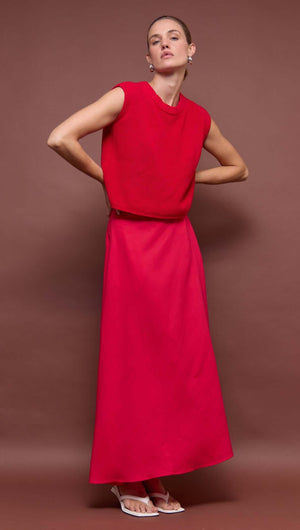 Red Linen Blend Maxi Skirt worn with a matching top, featuring a high-waisted fit and full-length hemline.