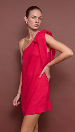 Red Linen Blend One Shoulder Mini Dress featuring an oversized shoulder tie and relaxed A-line silhouette.
