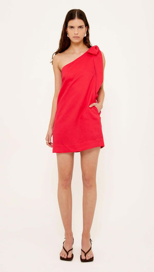 Red Linen Blend One Shoulder Mini Dress featuring a bold asymmetrical neckline and oversized shoulder tie.