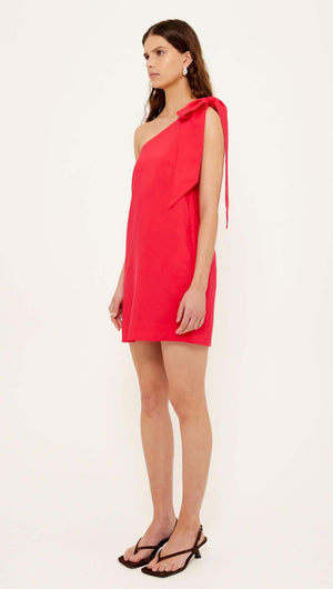 Red Linen Blend One Shoulder Mini Dress featuring an asymmetric neckline and oversized shoulder tie for a modern look.