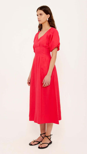 Product image of the Red Linen Blend v-Neck Midi Dress featuring short puff sleeves and a flattering V-neckline.