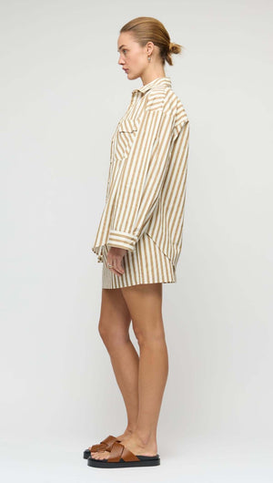 Cotton Oversized Stripe Shirt displayed on a model in profile view showcasing its relaxed fit and classic striped design.