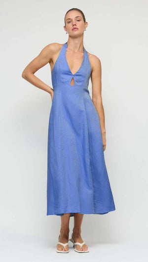 Jacaranda Tencel Linen Blend Halter Midi Dress in rich jacaranda blue with halter neckline and keyhole detail.