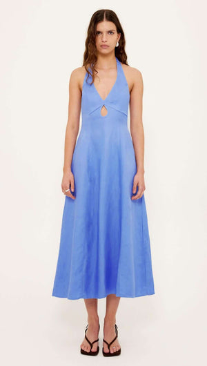 Jacaranda Tencel Linen Blend Halter Midi Dress in a rich jacaranda blue, featuring halter neckline and keyhole detail.