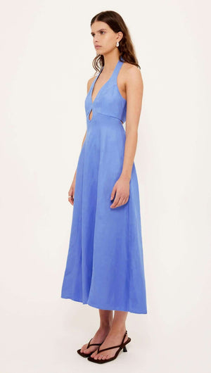 Jacaranda Tencel Linen Blend Halter Midi Dress in rich jacaranda blue, featuring halter neckline and open back.