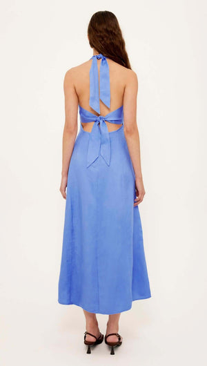 Jacaranda Tencel Linen Blend Halter Midi Dress showcasing the back view with tie fastening in rich jacaranda blue.