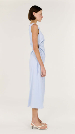 Baby Blue Cotton Textured Cut Out Midi Dress side view showcasing the sleek sleeveless design and subtle cut-out.