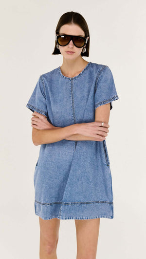 Chambray Lightweight Mini Dress featuring a relaxed A-line silhouette and clean panel detailing.