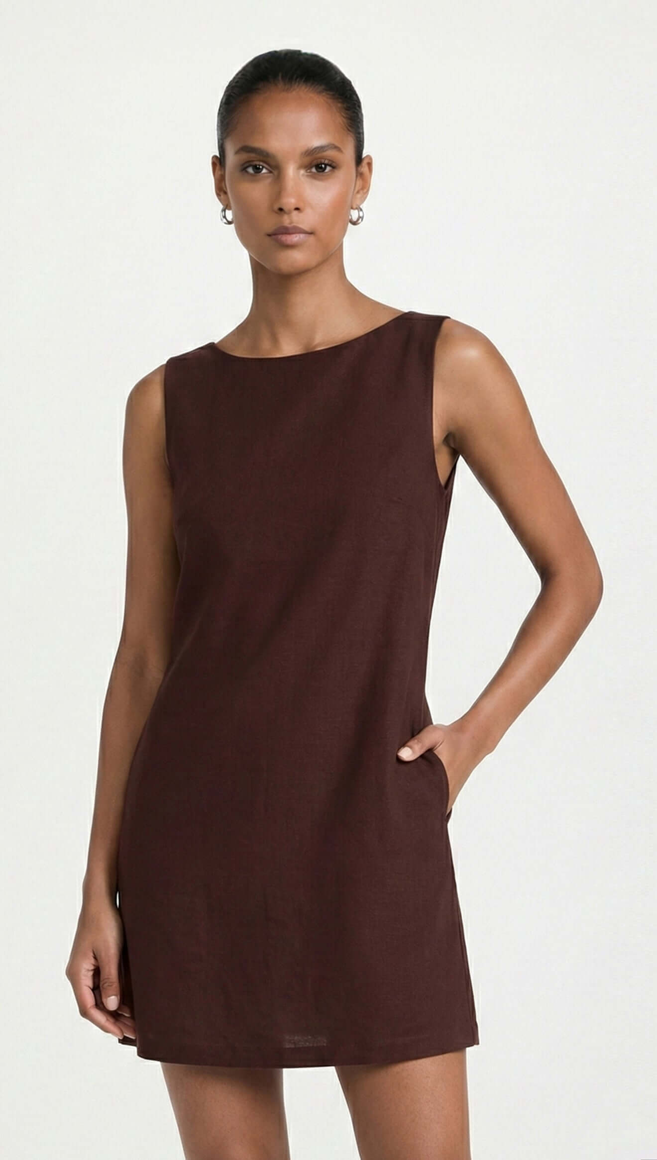 Chocolate Linen Blend Boat Neck Mini Shift Dress - Effortless Style