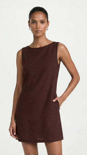 Chocolate Linen Blend Boat Neck Mini Shift Dress worn by model showcasing effortless summer style.