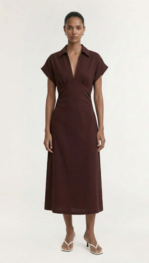Chocolate Linen Blend Collared Midi Dress on a model featuring a collared V-neckline and cap sleeves in a rich chocolate hue.