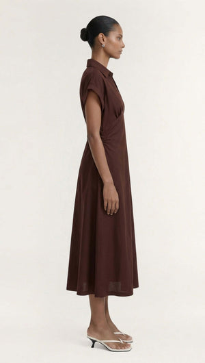 Model wearing a Chocolate Linen Blend Collared Midi Dress, showcasing its elegant A-line silhouette and rich chocolate hue.