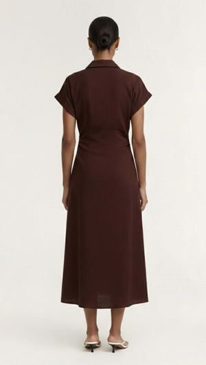 Back view of the Chocolate Linen Blend Collared Midi Dress featuring a collared design and cap sleeves.