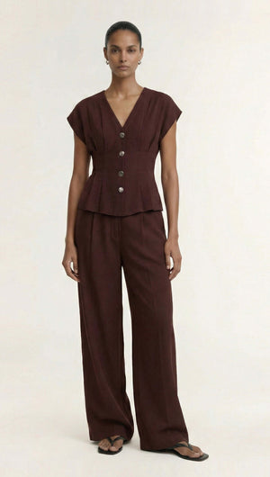 Chocolate Linen Blend Wide Leg Tailored Pant worn by a model, showcasing a rich chocolate hue and tailored fit.