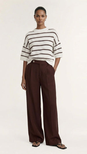 Chocolate Linen Blend Wide Leg Tailored Pant styled with a striped sweater, showcasing a polished and elegant look.