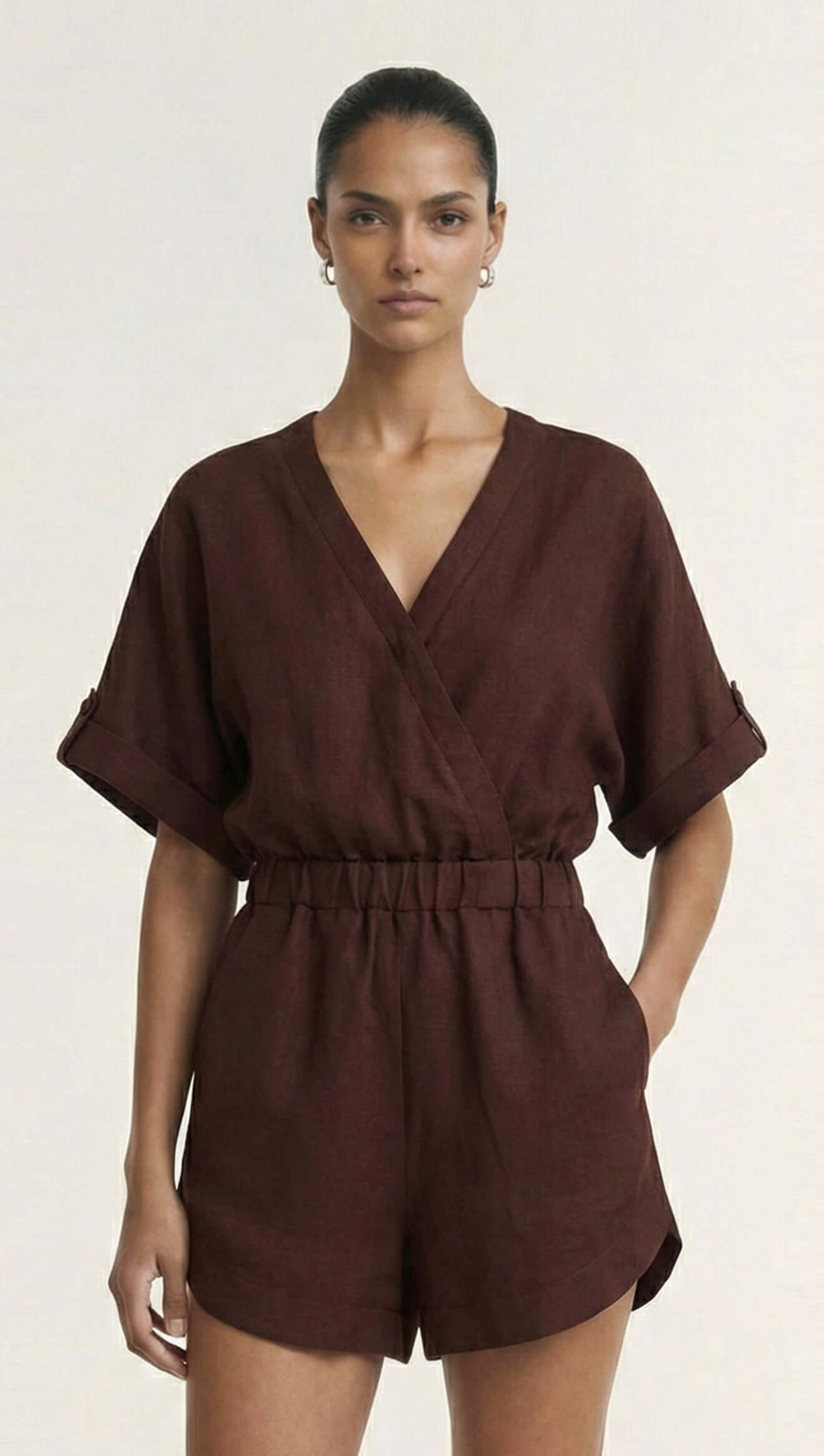 Chocolate Linen Blend Wrap Playsuit