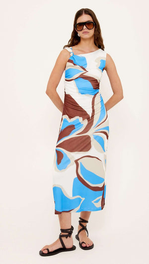 Blue Abstract Mesh Midi Dress featuring a striking abstract print in blue, chocolate, and ivory tones.
