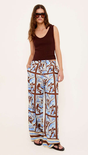 Blue Abstract floral Wide-Leg Drawstring Pants worn by a model, featuring a geometric print in sky blue and chocolate.