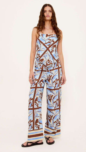Blue Abstract floral Wide-Leg Drawstring Pants with relaxed fit and geometric print