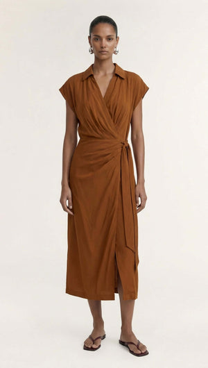 Copper Draped Wrap Midi Dress featuring a relaxed silhouette and self-tie waist in warm copper hue.