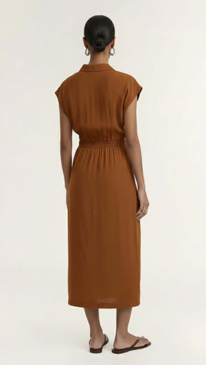 Back view of the Copper Draped Wrap Midi Dress with a self-tie waist and extended shoulder sleeves.