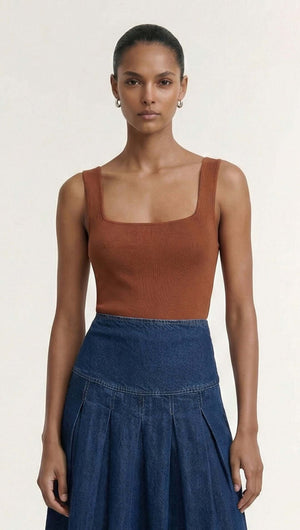 Copper Square Neck Ribbed Knit Tank styled with a denim skirt, showcasing a fitted silhouette and clean square neckline.