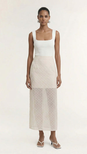 Cream Embroidered Spot Sheer Layered Midi Skirt styled with a fitted tank and strappy heels.