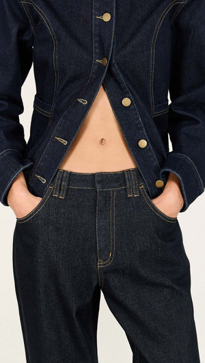 Aalto Dark Wash Straight Leg Jeans with mid-rise waist and contrast detailing, paired with a matching jacket.