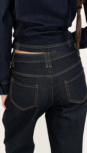 Model showcasing the back of Aalto Dark Wash Straight Leg Jeans with mid-rise waist and contrast stitching.