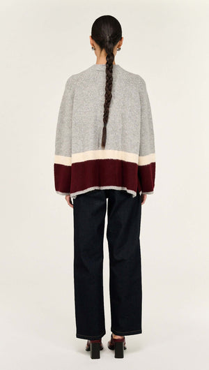 Back view of the Grey Raglan Heavy Knit Jumper showcasing its color block design and relaxed fit.