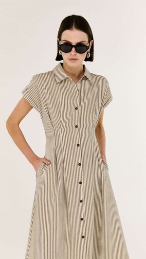 Linen Blend Pinstripe Midi Shirt Dress with structured collar and cap sleeves, featuring button-through front and side pockets.