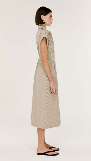 Linen Blend Pinstripe Midi Shirt Dress side view showcasing structured collar and cap sleeves.