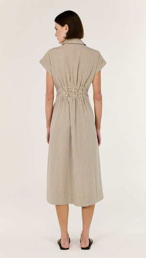Back view of the Linen Blend Pinstripe Midi Shirt Dress showcasing cap sleeves and a structured collar.