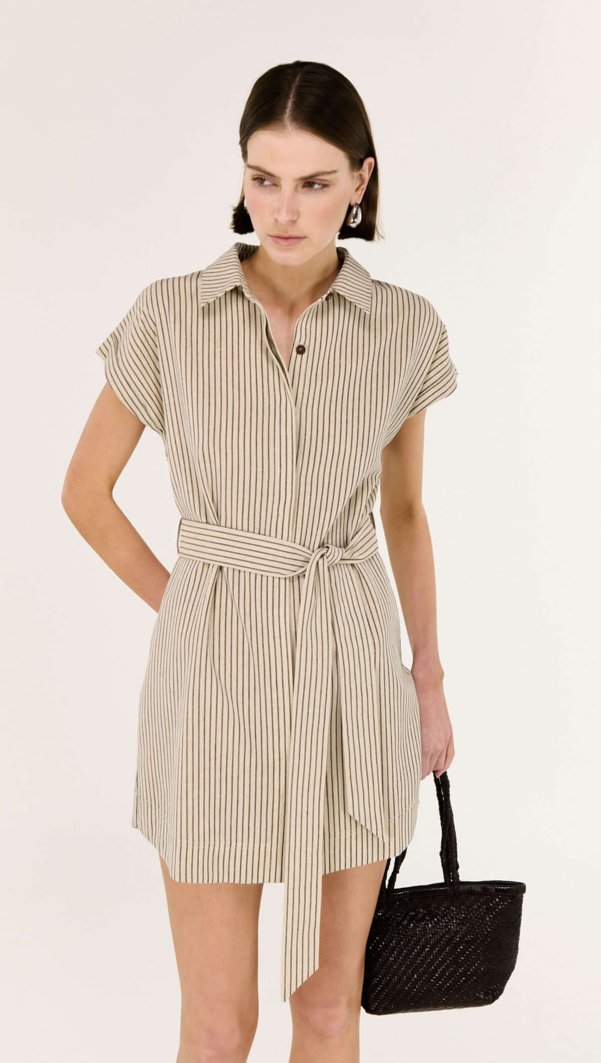 Linen Blend Pinstripe Mini Shirt Dress featuring structured collar and adjustable waist tie.
